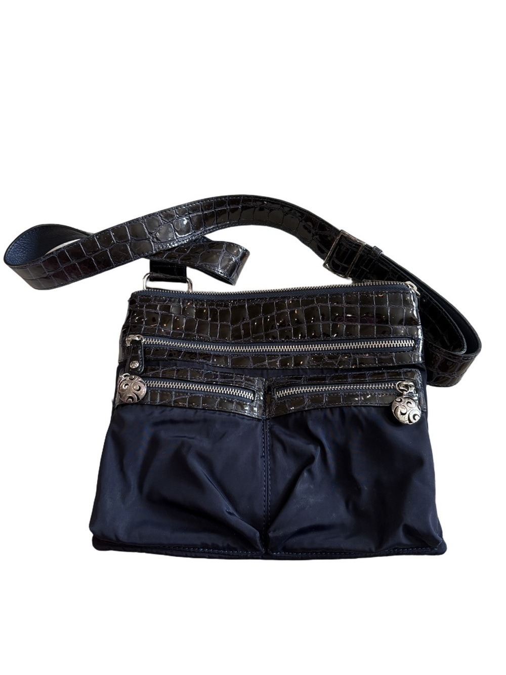 Brighton Go Go shoulder bag. Dark blue nylon leather croc embossed zip pockets